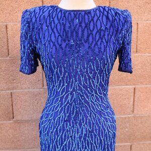 Laurence Kazar Silk Dress Womens SP Royal Blue Sequined Beaded Cocktail 90s